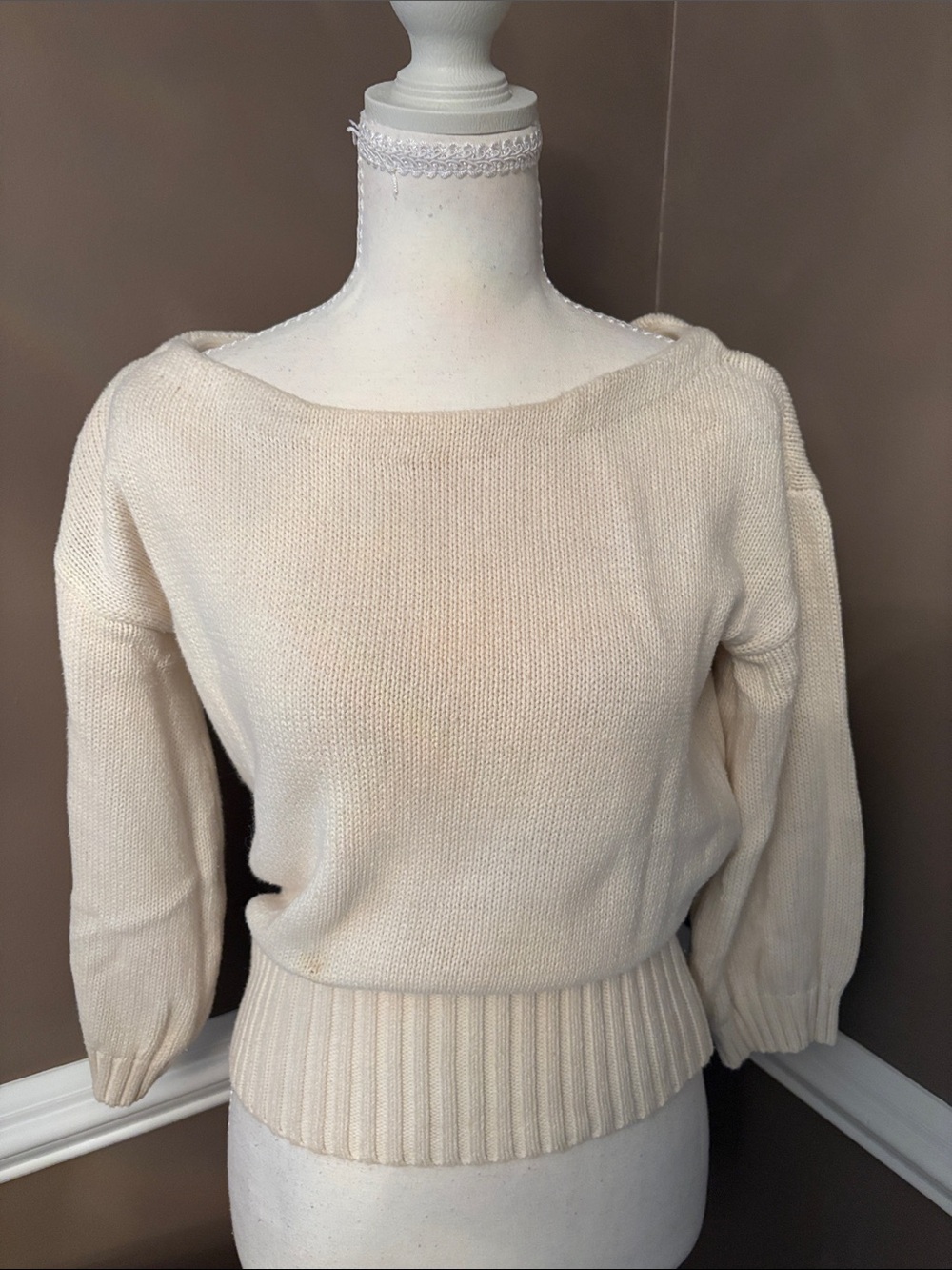 Off-Shoulder Cream Knit Sweater with Ribbed Waist
